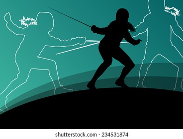 Sword fighters active young men and women fencing sport silhouettes vector abstract background illustration