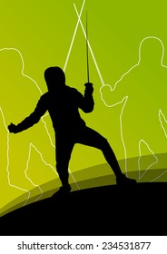 Sword fighters active young men and women fencing sport silhouettes vector abstract background illustration