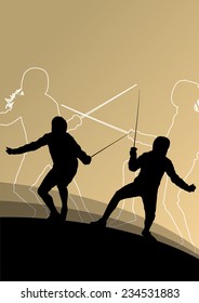 Sword fighters active young men and women fencing sport silhouettes vector abstract background illustration