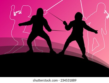 Sword fighters active young men and women fencing sport silhouettes vector abstract background illustration