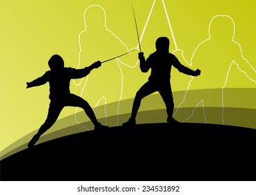 Sword fighters active young men and women fencing sport silhouettes vector abstract background illustration