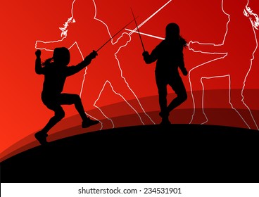 Sword fighters active young men and women fencing sport silhouettes vector abstract background illustration