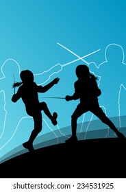 Sword fighters active young men and women fencing sport silhouettes vector abstract background illustration