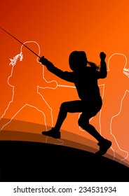 Sword fighters active young men and women fencing sport silhouettes vector abstract background illustration
