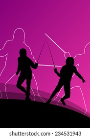 Sword fighters active young men and women fencing sport silhouettes vector abstract background illustration