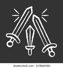 Sword fighting chalk icon. Weapon clashing. Battling and war. Ancient history. Longswords and broadswords. Military competition. Battlefield. Medieval culture. Isolated vector chalkboard illustration