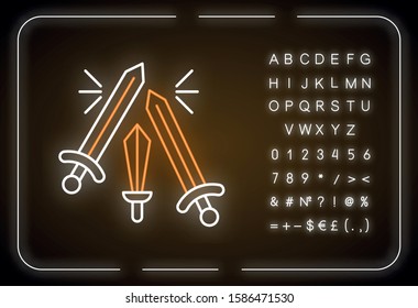 Sword fighting neon light icon. Weapon clashing. Battling and war. Ancient history. Longswords and broadswords. Glowing sign with alphabet, numbers and symbols. Vector isolated illustration