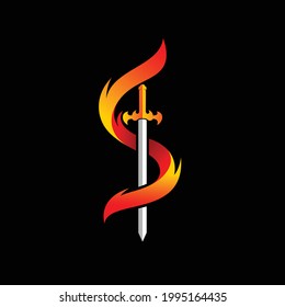 Sword and fire logo, letter S concept