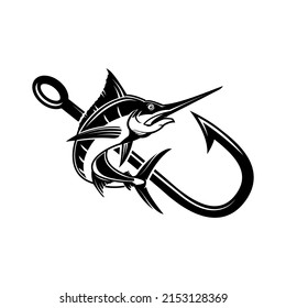 Sword fish with crossed fishing hooks. Design element for logo, emblem, sign, poster, t shirt. Vector illustration