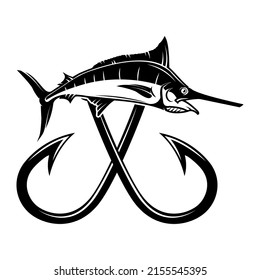 Sword fish with crossed fishing hooks. Design element for logo, emblem, sign, poster, t shirt. Vector illustration