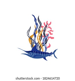 Sword Fish Floating Among Sea Weeds Vector Illustration. Sea Animal and Wild Underwater Fauna Concept