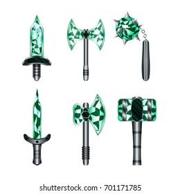 Sword, Flail, Axe, Hammer, Sword Cartoon Medieval Weapon Set Isolated on White Background. Vector Illustration Icon Collection for RPG, Web, Mobile App, Infographics. Game asset.