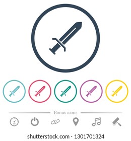 Sword flat color icons in round outlines. 6 bonus icons included.