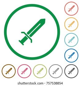 Sword flat color icons in round outlines on white background
