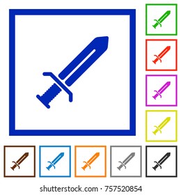 Sword flat color icons in square frames on white background