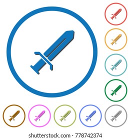 Sword flat color vector icons with shadows in round outlines on white background