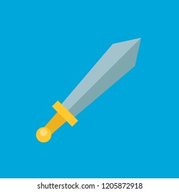 Sword flat icon isolated on blue background. Simple Cartoon Sword sign symbol in flat style. Vector illustration for web and mobile design.