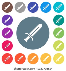 Sword flat white icons on round color backgrounds. 17 background color variations are included.
