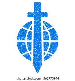 Sword Globe grainy textured icon for overlay watermark stamps. Flat symbol with dust texture. Dotted vector blue ink rubber seal stamp with grunge design on a white background.