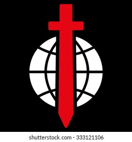 Sword Globe vector icon. Style is bicolor flat symbol, red and white colors, rounded angles, black background.