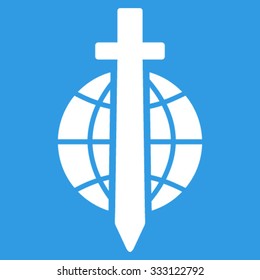 Sword Globe vector icon. Style is flat symbol, white color, rounded angles, blue background.