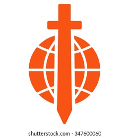 Sword Globe vector icon. Style is flat symbol, orange color, rounded angles, white background.