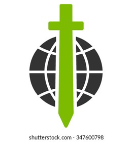 Sword Globe vector icon. Style is bicolor flat symbol, eco green and gray colors, rounded angles, white background.