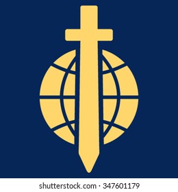 Sword Globe vector icon. Style is flat symbol, yellow color, rounded angles, blue background.