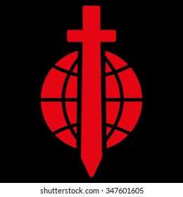 Sword Globe vector icon. Style is flat symbol, red color, rounded angles, black background.