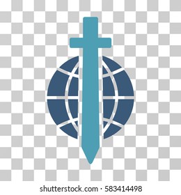 Sword Globe vector pictogram. Illustration style is flat iconic bicolor cyan and blue symbol on a transparent background.