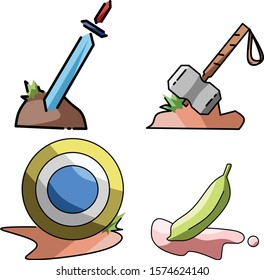sword hammer shield banana icon set