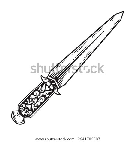 Sword. Hand drawn illustration of a saber. Black and white vector illustration.