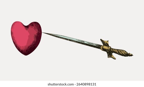 Sword and heart illustration, isolated vector element. 