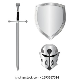 Sword, helmet and shield set. Vector illustration isolated on white background