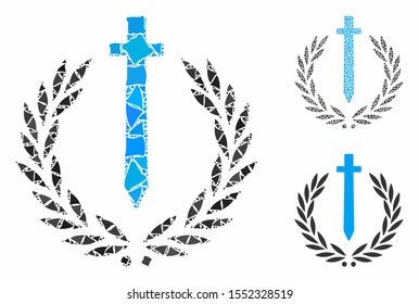 Sword honor embleme composition of rugged elements in different sizes and color tinges, based on sword honor embleme icon. Vector raggy elements are organized into collage.