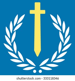 Sword Honor Embleme vector icon. Style is bicolor flat symbol, yellow and white colors, rounded angles, blue background.