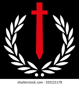 Sword Honor Embleme vector icon. Style is bicolor flat symbol, red and white colors, rounded angles, black background.