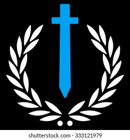 Sword Honor Embleme vector icon. Style is bicolor flat symbol, blue and white colors, rounded angles, black background.