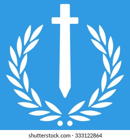 Sword Honor Embleme vector icon. Style is flat symbol, white color, rounded angles, blue background.
