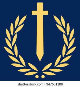 Sword Honor Embleme vector icon. Style is flat symbol, yellow color, rounded angles, blue background.