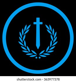 Sword Honor Embleme vector icon. Style is flat circled symbol, blue color, rounded angles, black background.