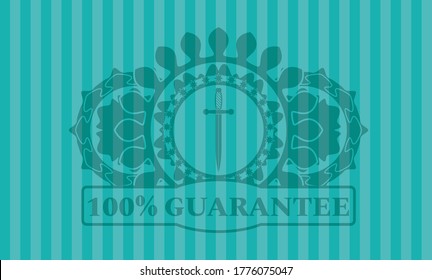 Sword icon and 100% Guarantee text Turquoise realistic badge. Bars handsome background. Illustration. 