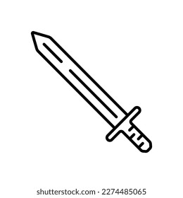 Icono de espada. Silueta lineal de contorno negro. Vista frontal. trazos editables. Ilustración gráfica plana vectorial simple. Objeto aislado sobre un fondo blanco. Aislar.
