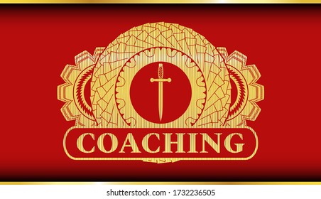 Sword icon and Coaching text Gold and Red color badge. Traditional fashionable background. Illustration. 