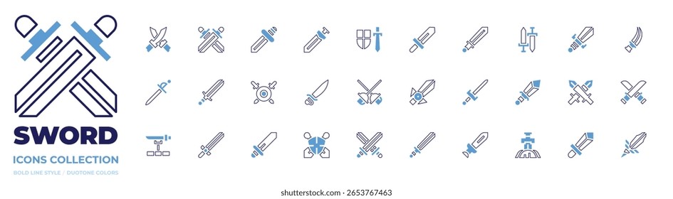 Sword icon collection. Bold line style. Duotone colors. shield, sword, history, swords.