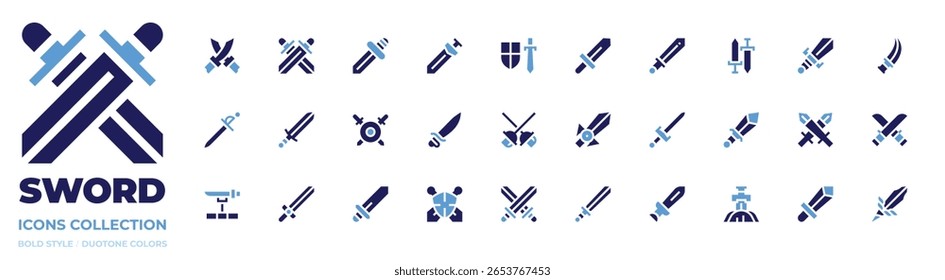 Coleção de ícones do Sword. Estilo negrito. Cores duotônicas. escudo, espada, história, espadas.