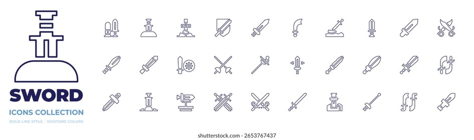 Coleção de ícones do Sword. Estilo da linha. AVC editável. espada, esgrima, espadas.