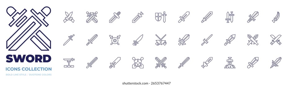 Coleção de ícones do Sword. Estilo da linha. Curso editável. Escudo, espada, história, espadas.