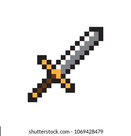 El icono de la espada consta de muchos píxeles, tarjeta de color, arma de píxeles aislada en fondo blanco, ilustración vectorial, gran mango con elementos dorados