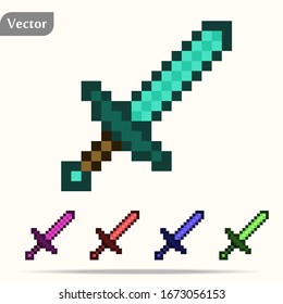 Schwertsymbol besteht aus vielen Pixeln, Farbkarte, Pixelwaffe einzeln auf weißem Hintergrund, Vektorillustration-Illustration, großem Griff mit goldenen Elementen